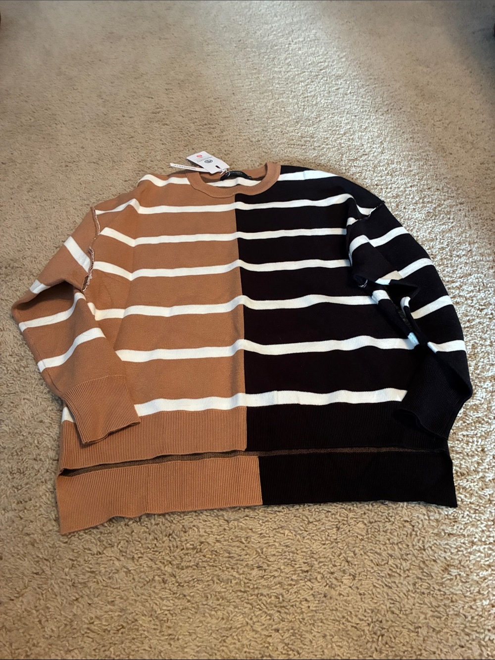 Merokeety Two-Tone Brown and Black Striped Crewneck Sweater (size small)